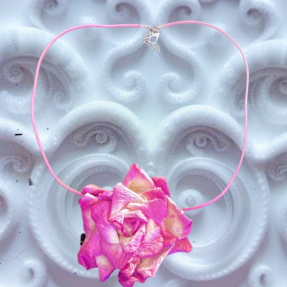 Hand Crafted Pink Rose Necklace with Rose Pendant